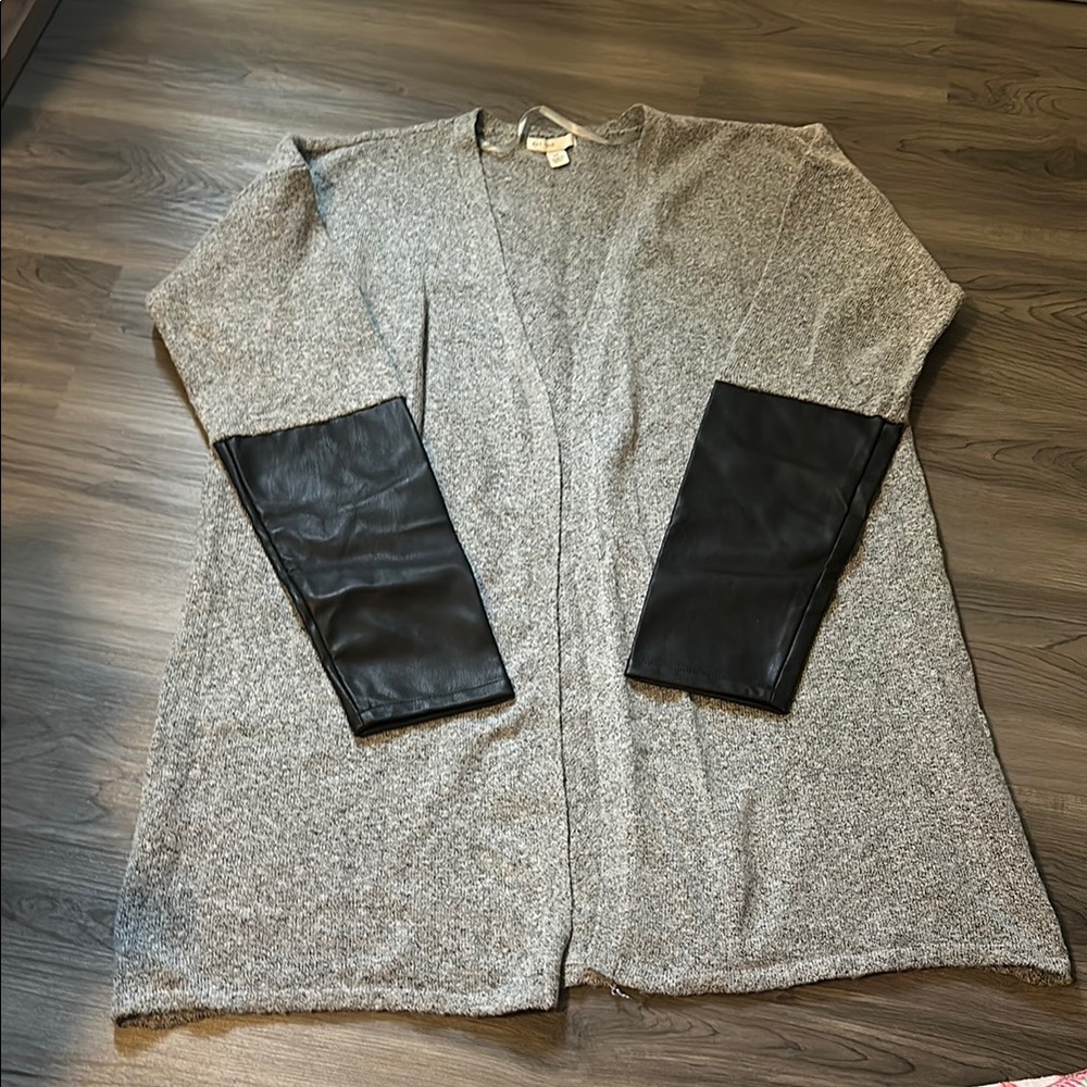 Cato Gray Cardigan with Black Leather Sleeves